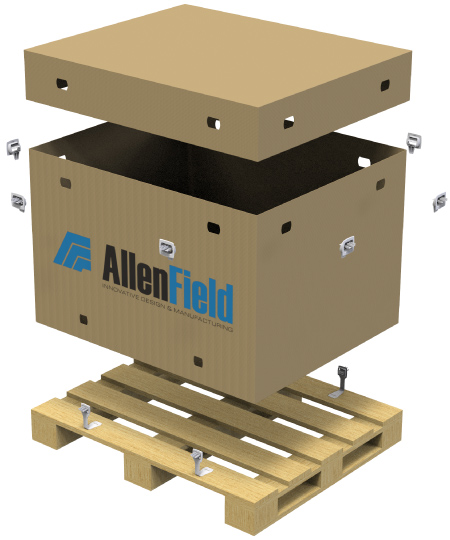 Box being assembled upon a pallet, including connecting clips and pallet clips